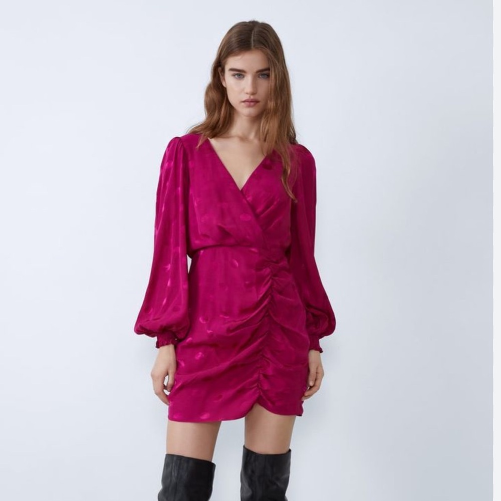 Zara Polka Dot Satin V Neck Ruched Long Sleeve Dress Magenta Size Medium - Picture 2 of 10